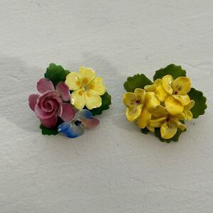 Vtg Set Of 2 Cara China Staffordshire Brooches England Porcelain Floral Bouquet